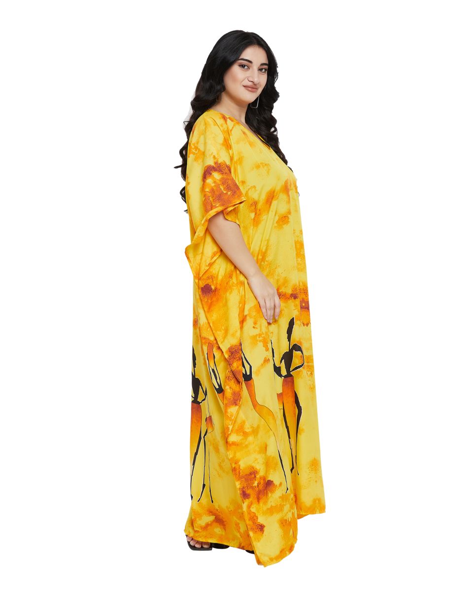 Yellow Tribal Printed Polyester Kaftan For Plus Size Women