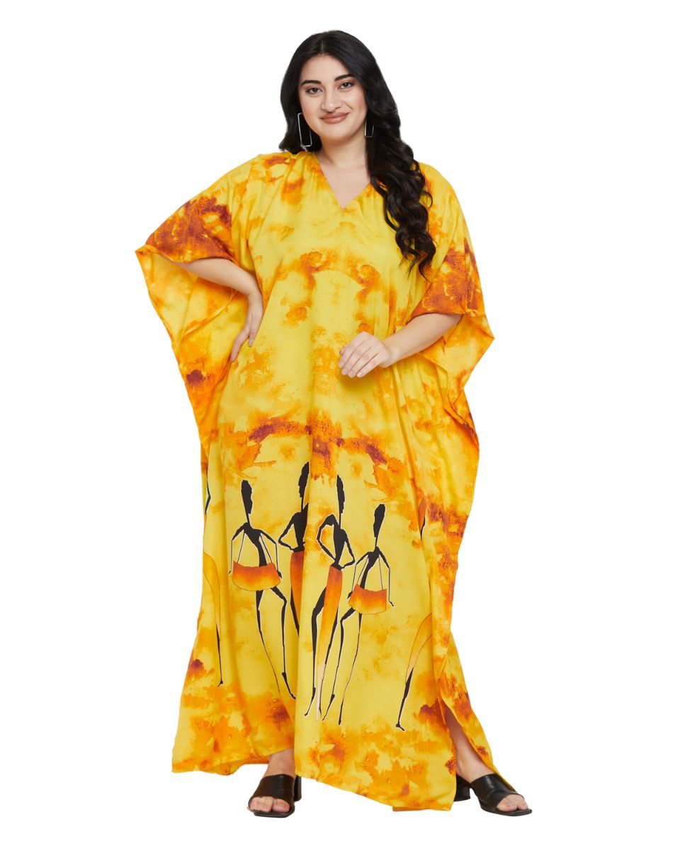 Tribal Printed Yellow Polyester Kaftan Dress for Women