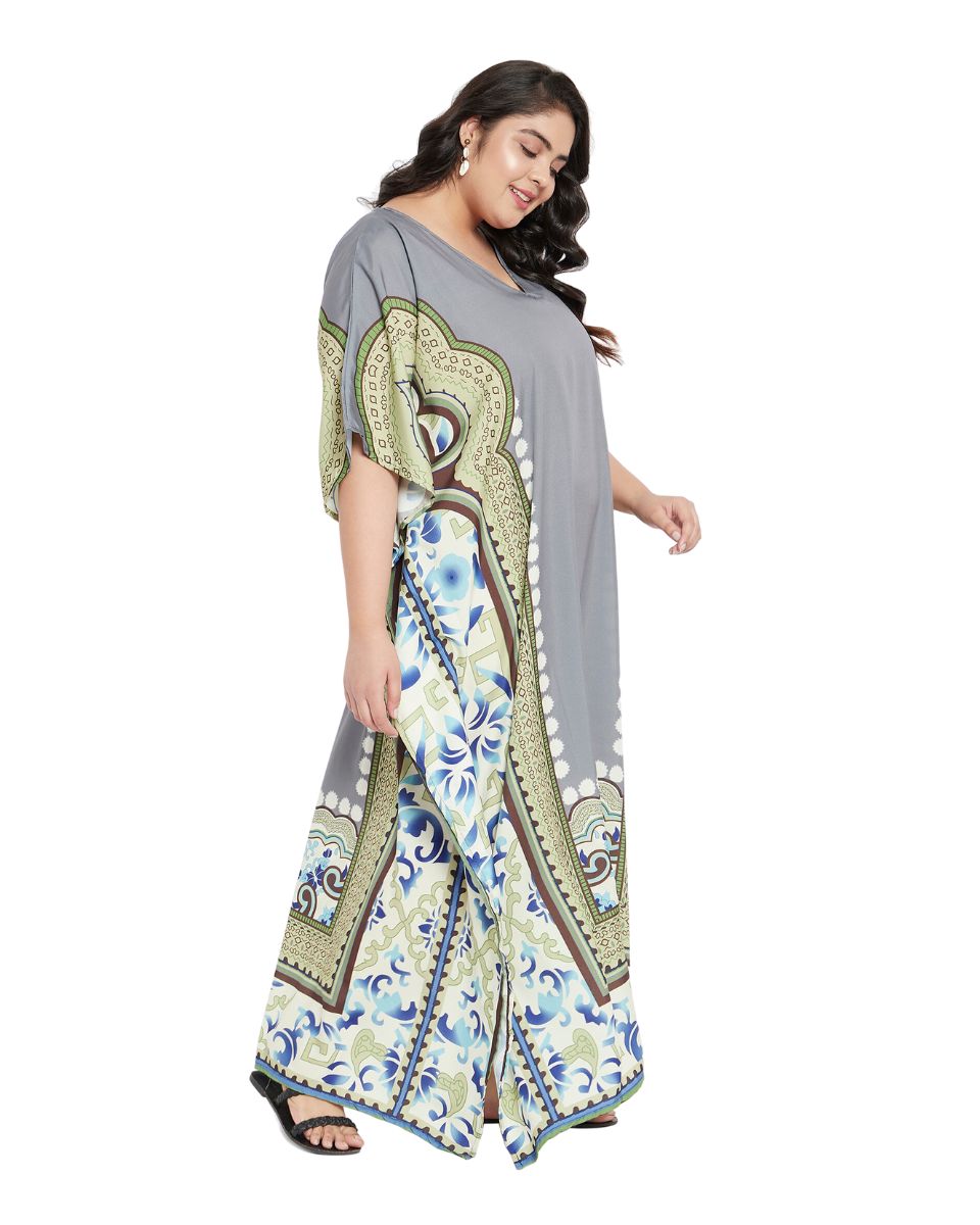 Abstract Printed Gray White Polyester Kaftan Dress Plus Size For Women