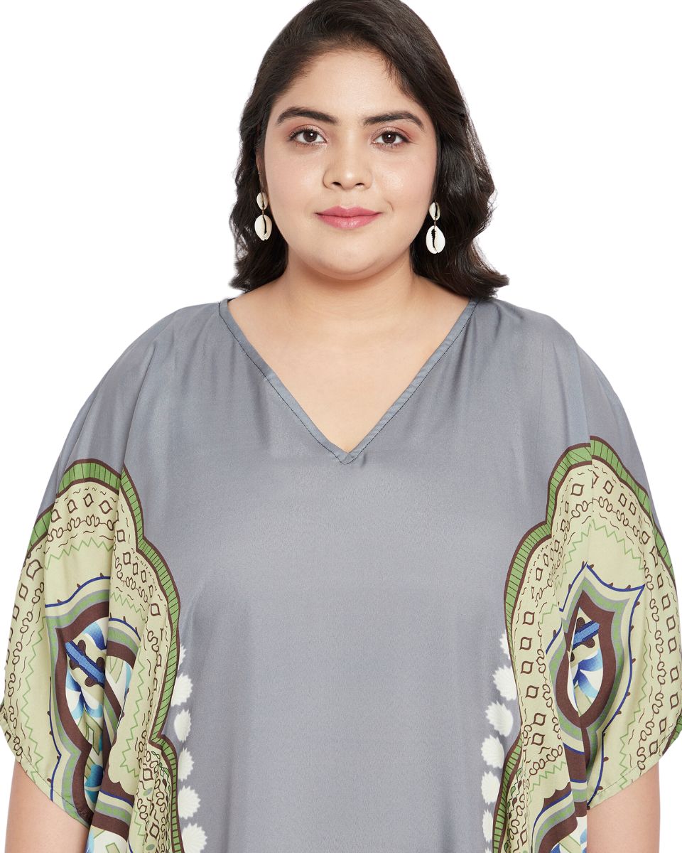 Abstract Printed Gray Polyester Kaftan Dress for Women