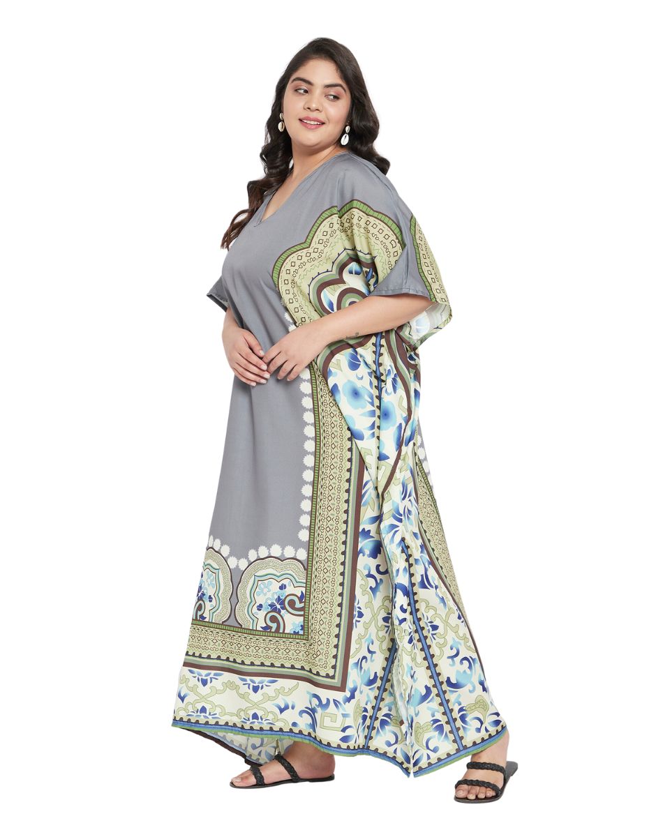 Abstract Printed Gray & White Polyester Kaftan Dress for Women