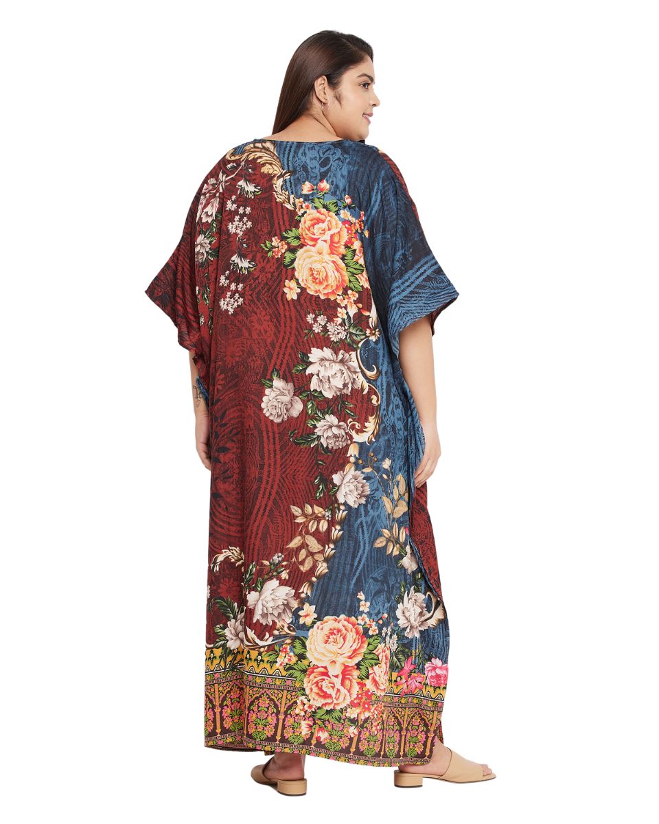 Floral Printed Brown Polyester Plus Size Kaftan Dress For Women