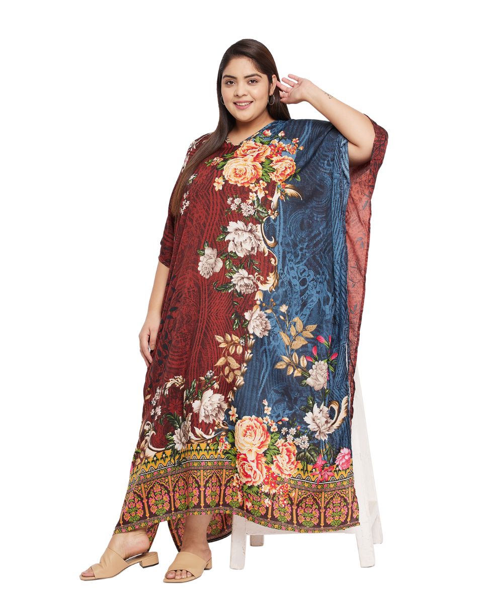 Floral Printed Brown Polyester Plus Size Kaftan Dress For Women