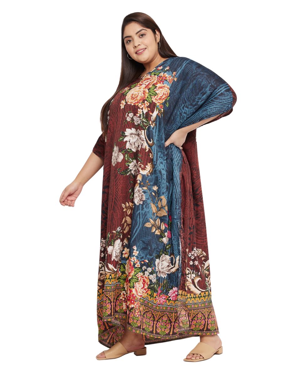 Floral Printed Brown Polyester Plus Size Kaftan Dress For Women