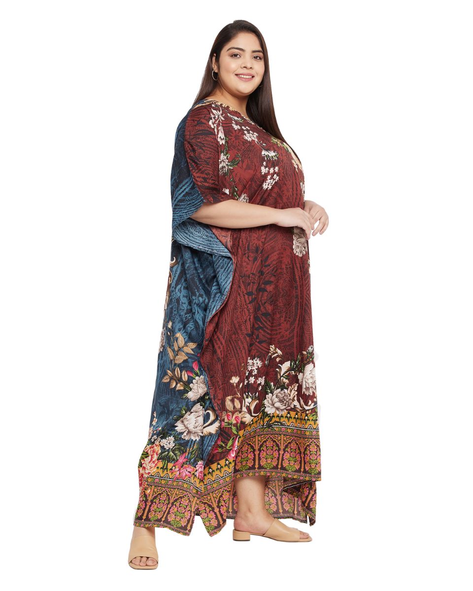 Floral Printed Brown Polyester Plus Size Kaftan Dress For Women