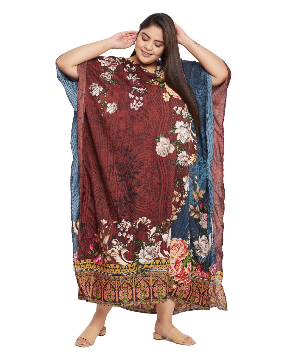 Floral Printed Brown Polyester Plus Size Kaftan Dress For Women