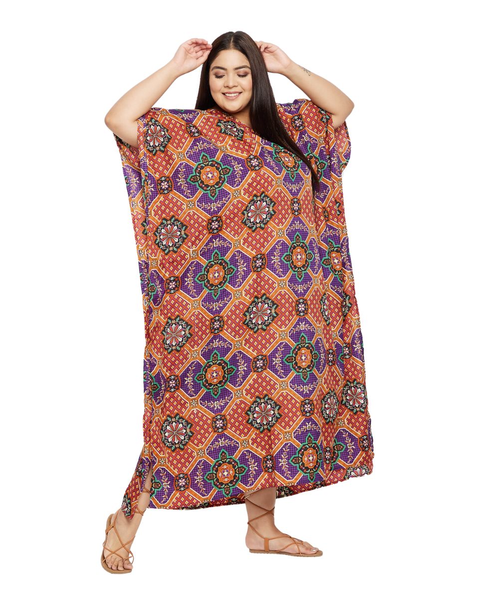 Floral Printed Purple Polyester Kaftan Dress for Women