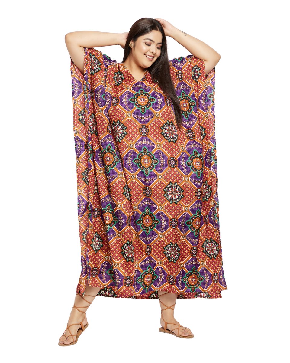 Floral Printed Purple Polyester Plus Size Kaftan Dress For Women