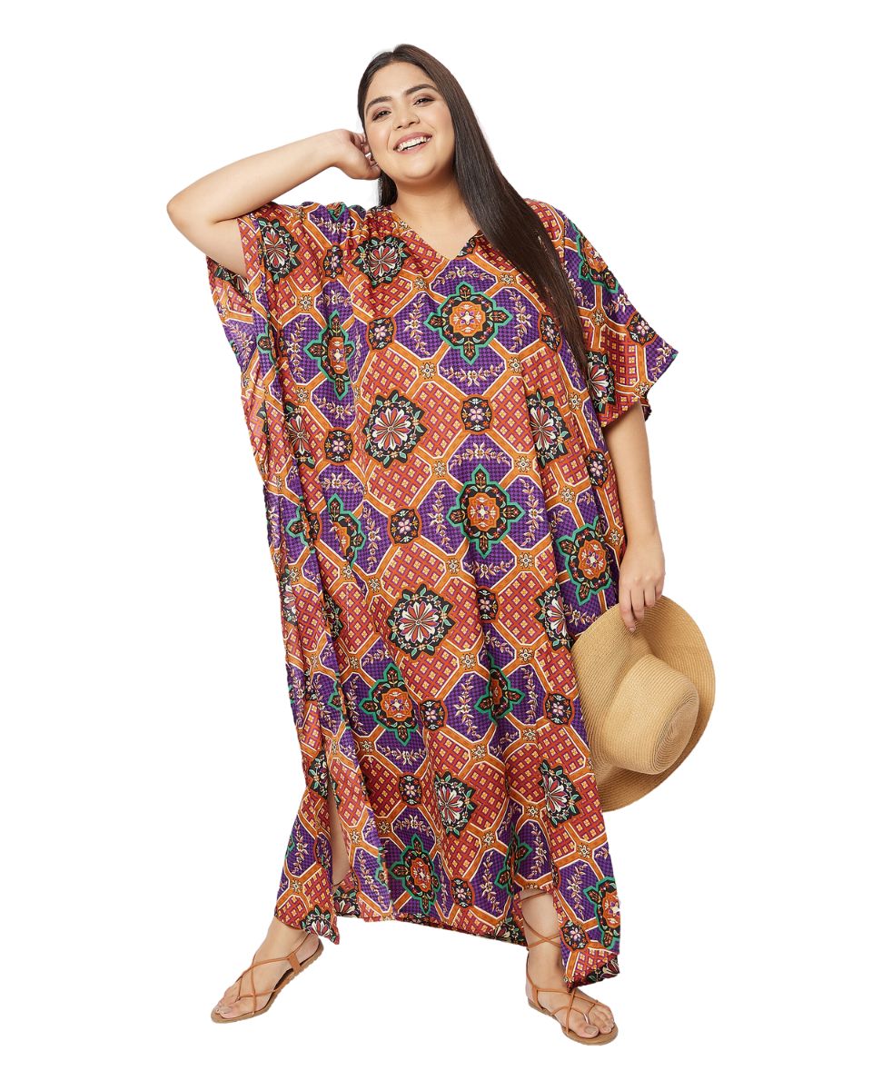 Floral Printed Purple Polyester Kaftan Dress for Women