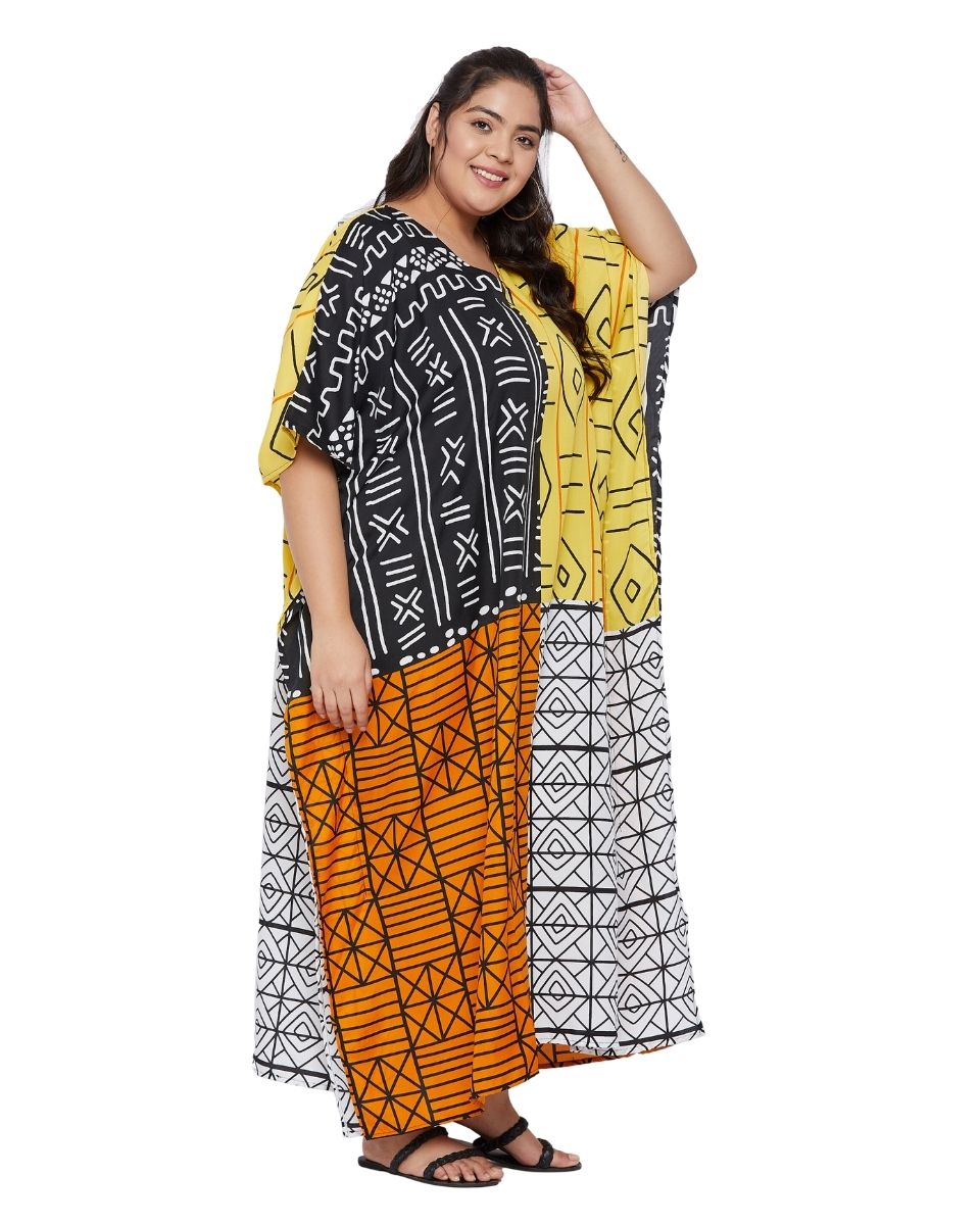 Women Black Polyester Kimono Sleeve Plus Size Loose Kaftan