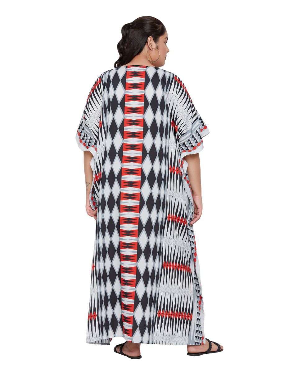 Geometric Printed Black Plus Size Polyester Kaftan Dress For Women