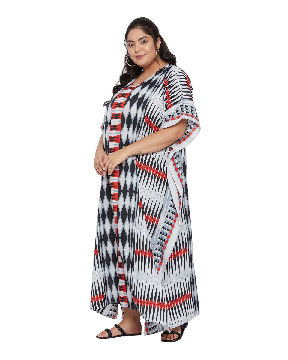 Geometric Printed Black Plus Size Polyester Kaftan Dress For Women