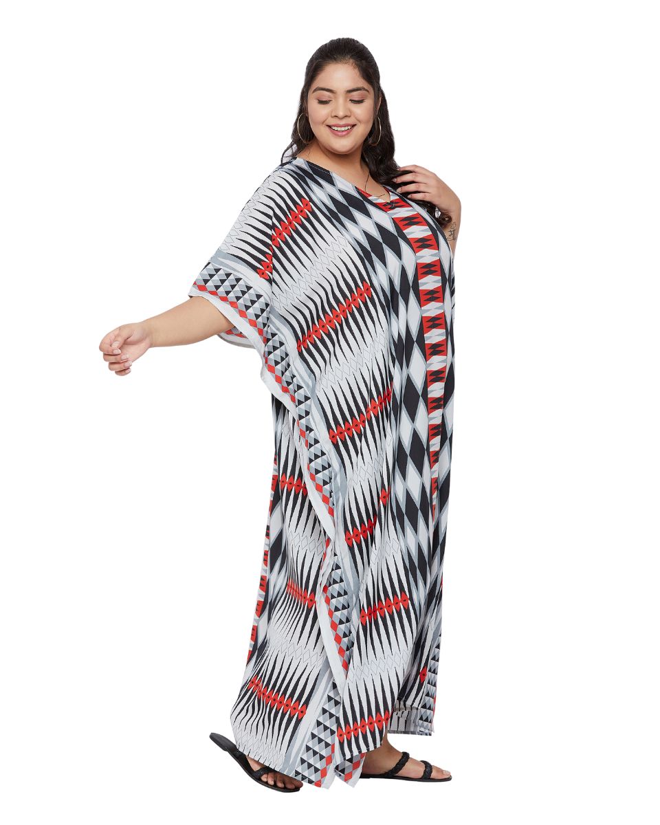 Geometric Printed Black Plus Size Polyester Kaftan Dress For Women