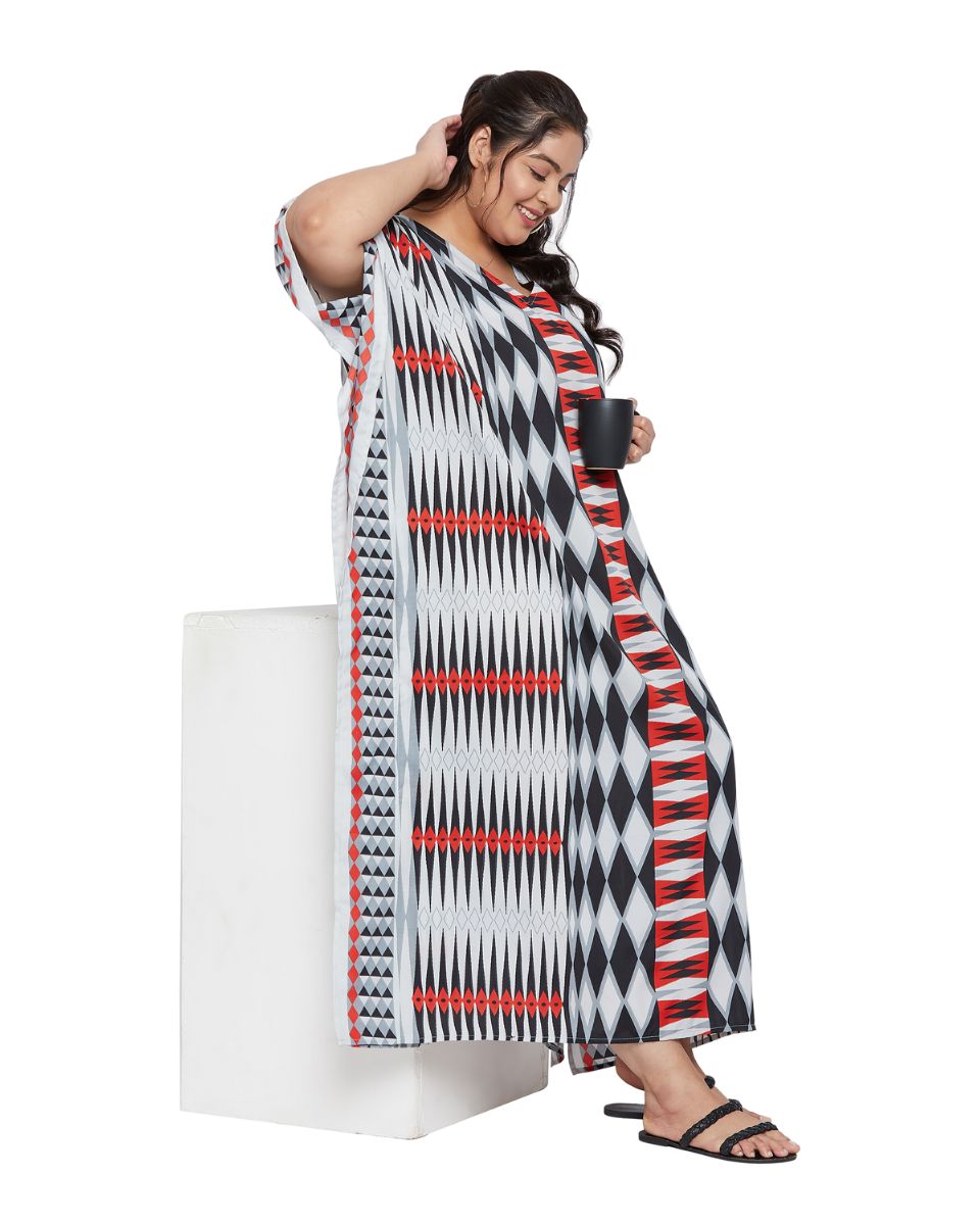 Geometric Printed Black Plus Size Polyester Kaftan Dress For Women