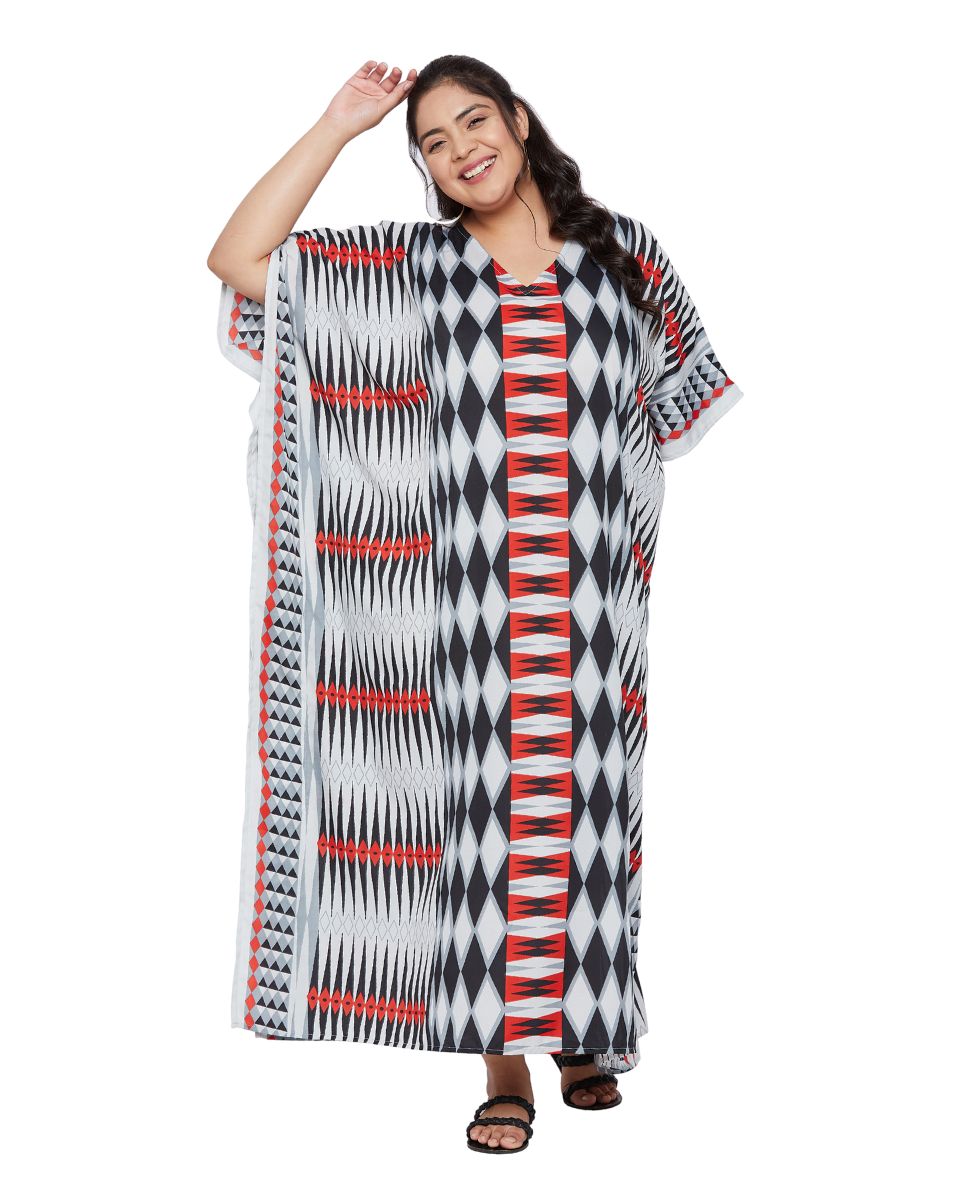 Geometric Printed Black Plus Size Polyester Kaftan Dress For Women