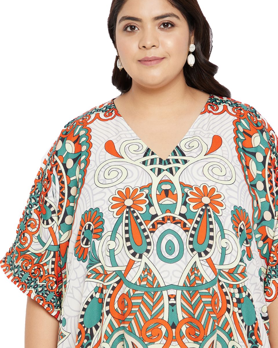 Floral Printed Multicolor Polyester Kaftan Plus Size Dress For Women