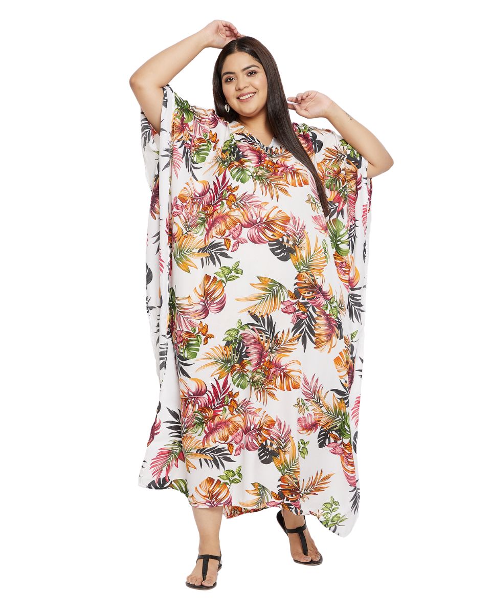 Leaf Printed White Polyester Kaftan Dress For Plus Size Women