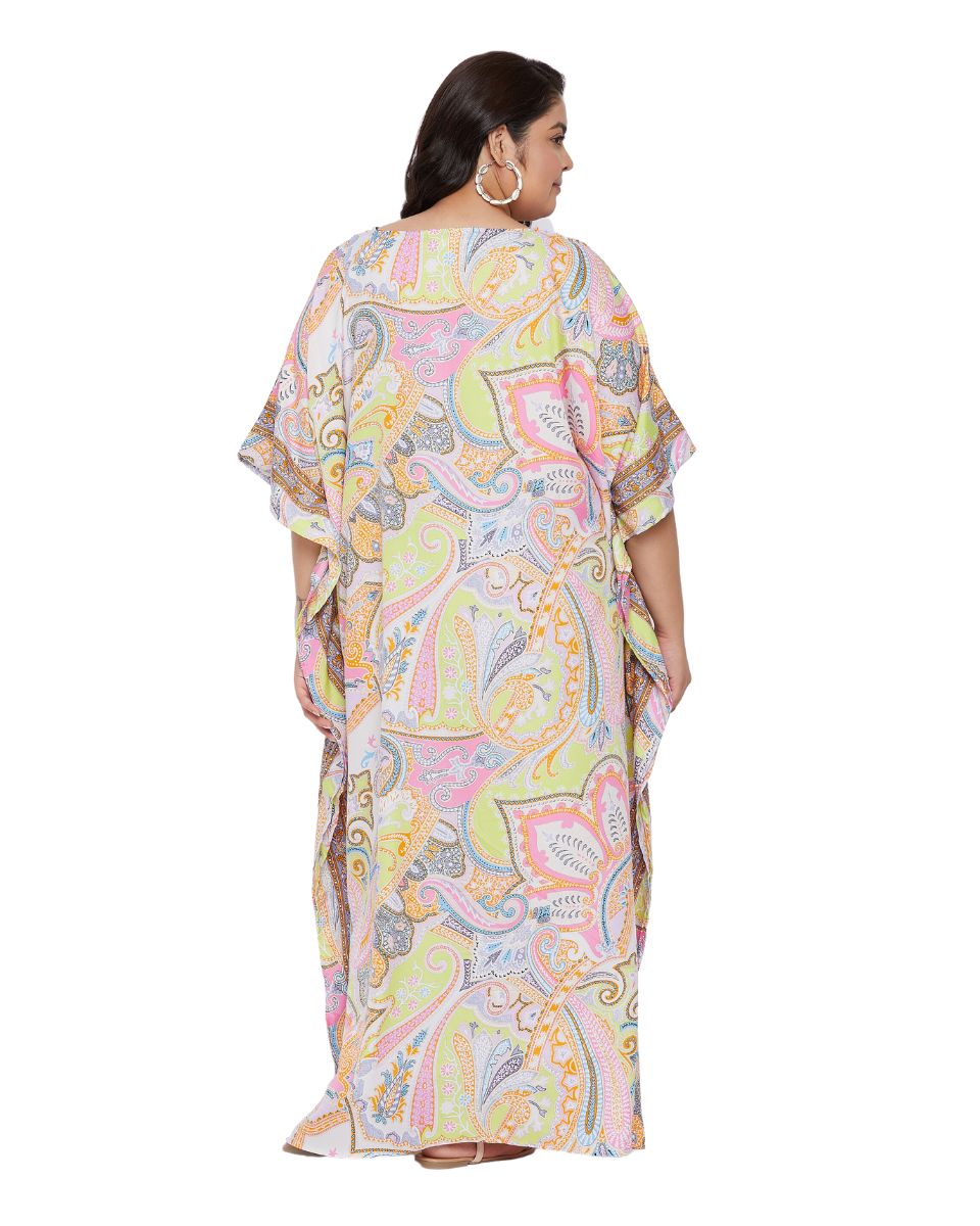 Paisley Printed Plus Size Yellow Polyester Kaftan Dress For Women