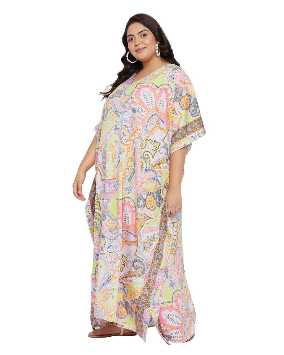 Paisley Printed Plus Size Yellow Polyester Kaftan Dress For Women