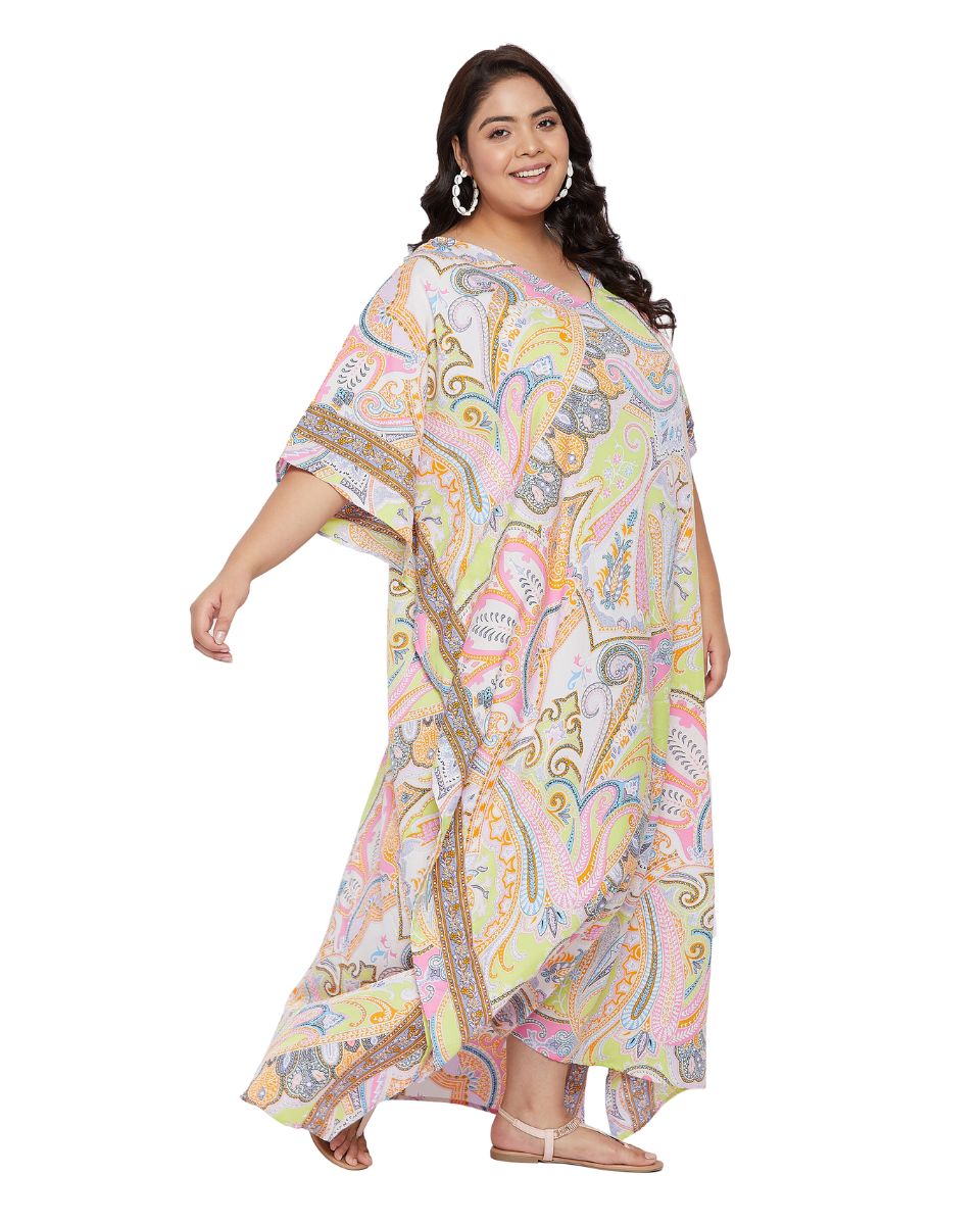 Paisley Printed Plus Size Yellow Polyester Kaftan Dress For Women