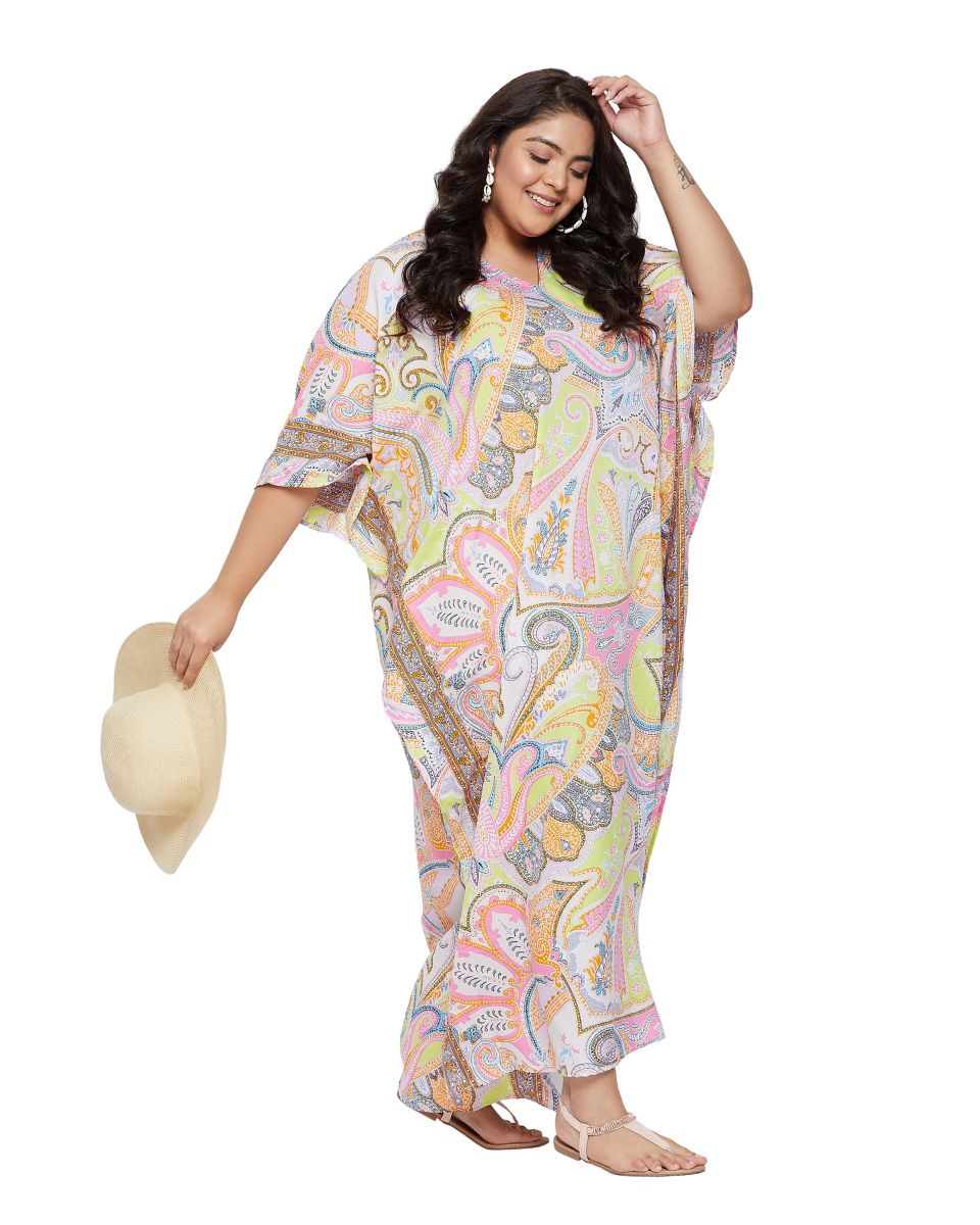 Paisley Printed Plus Size Yellow Polyester Kaftan Dress For Women