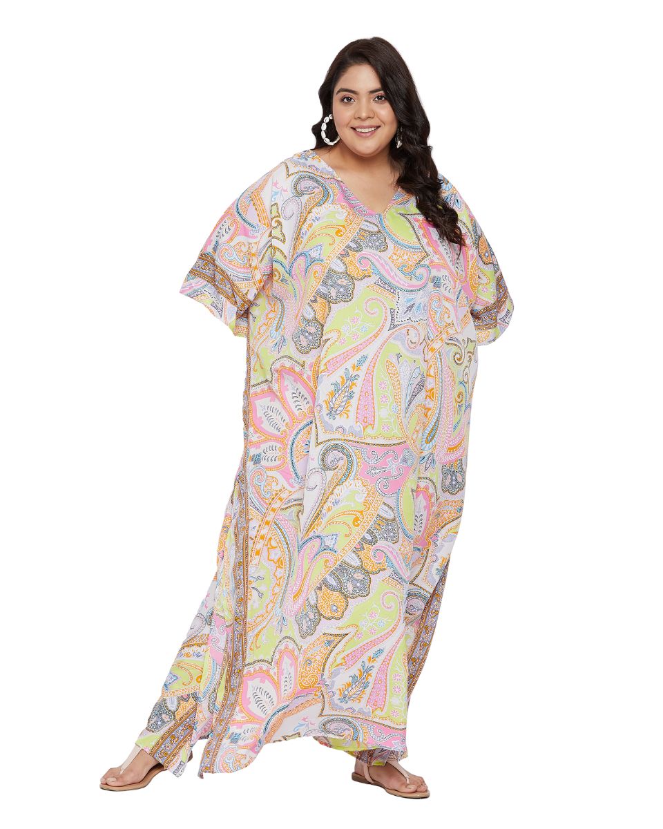 Paisley Printed Plus Size Yellow Polyester Kaftan Dress For Women