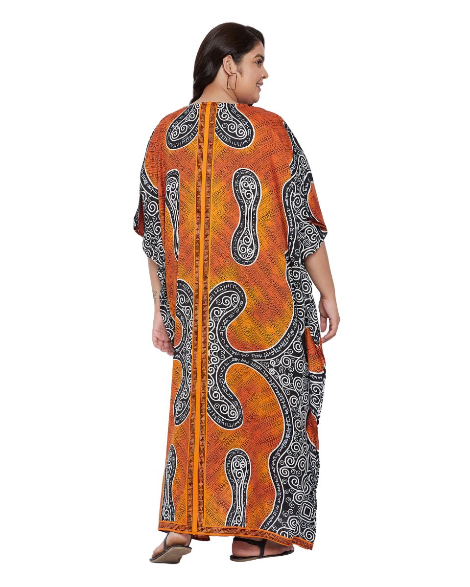 Abstract Printed Orange Polyester Plus Size Kaftan Dress for Women