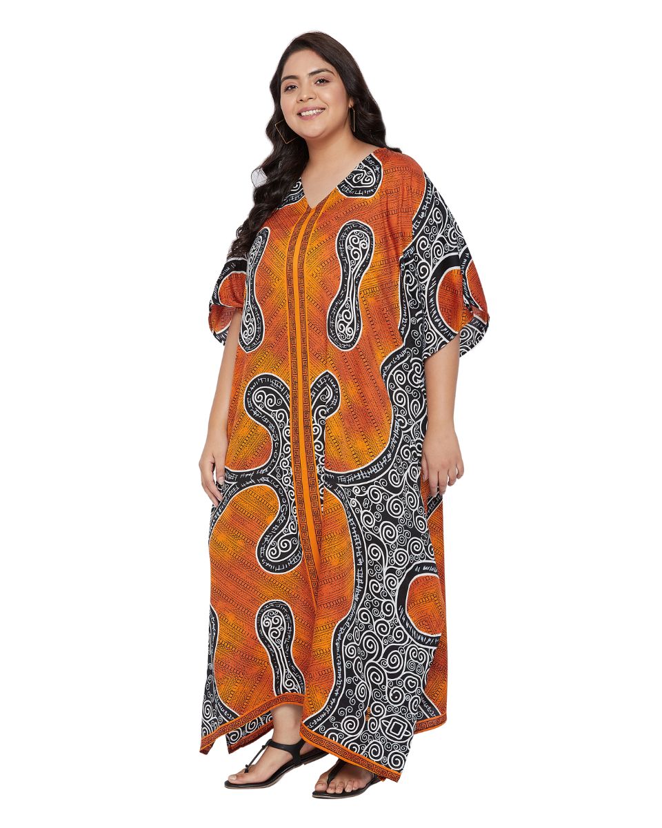 Abstract Printed Orange Polyester Plus Size Kaftan Dress for Women