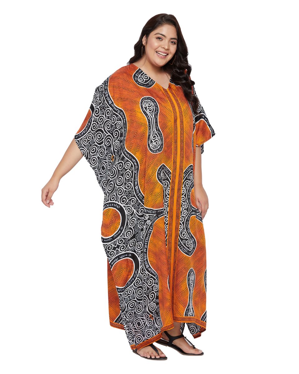 Abstract Printed Orange Polyester Plus Size Kaftan Dress for Women