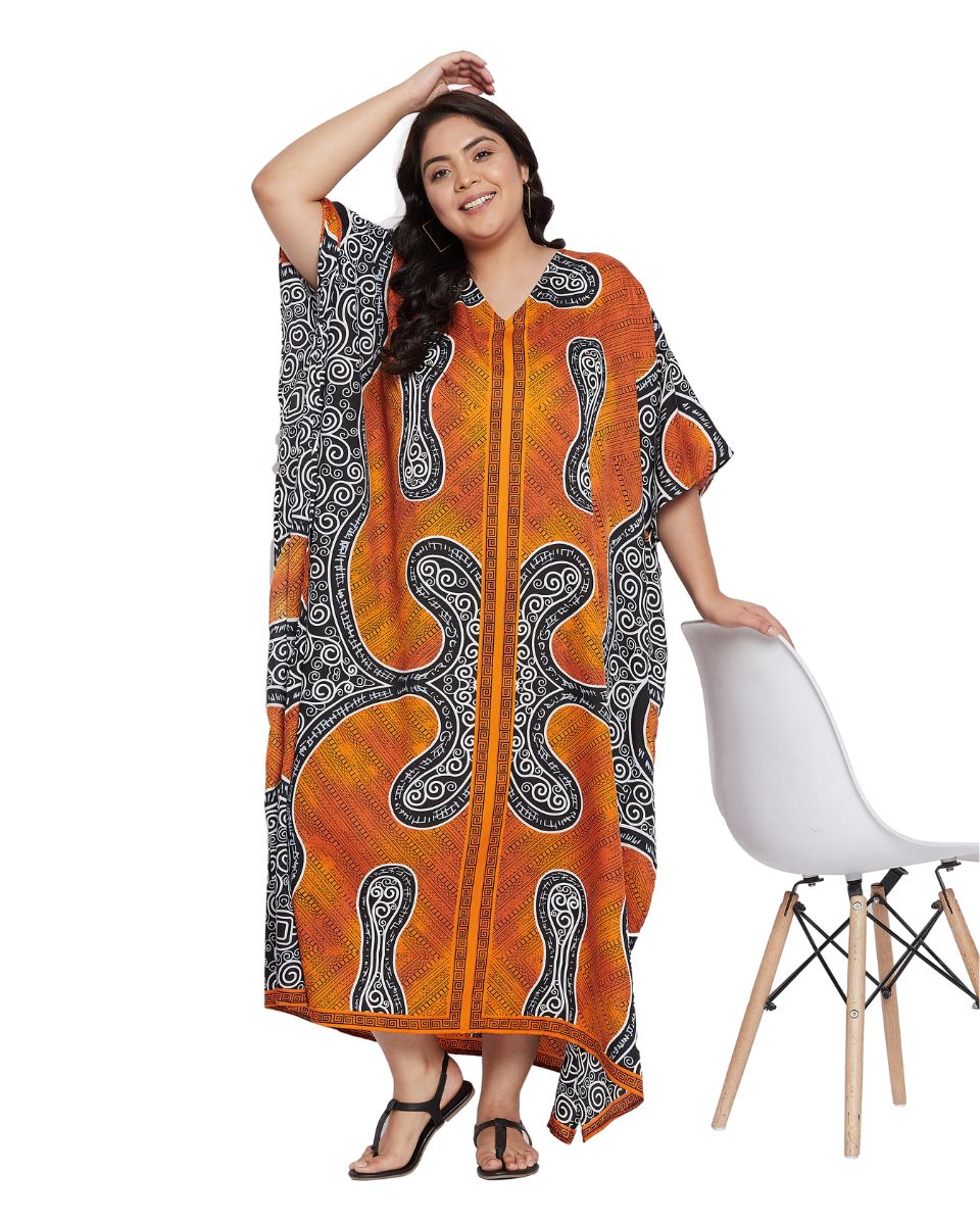 Abstract Printed Orange Polyester Plus Size Kaftan Dress for Women