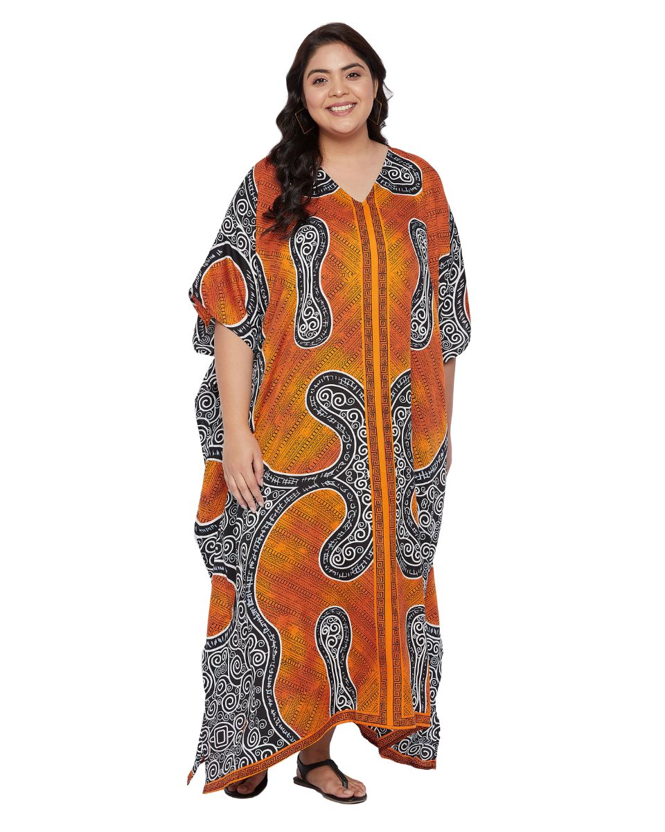 Abstract Printed Orange Polyester Plus Size Kaftan Dress for Women