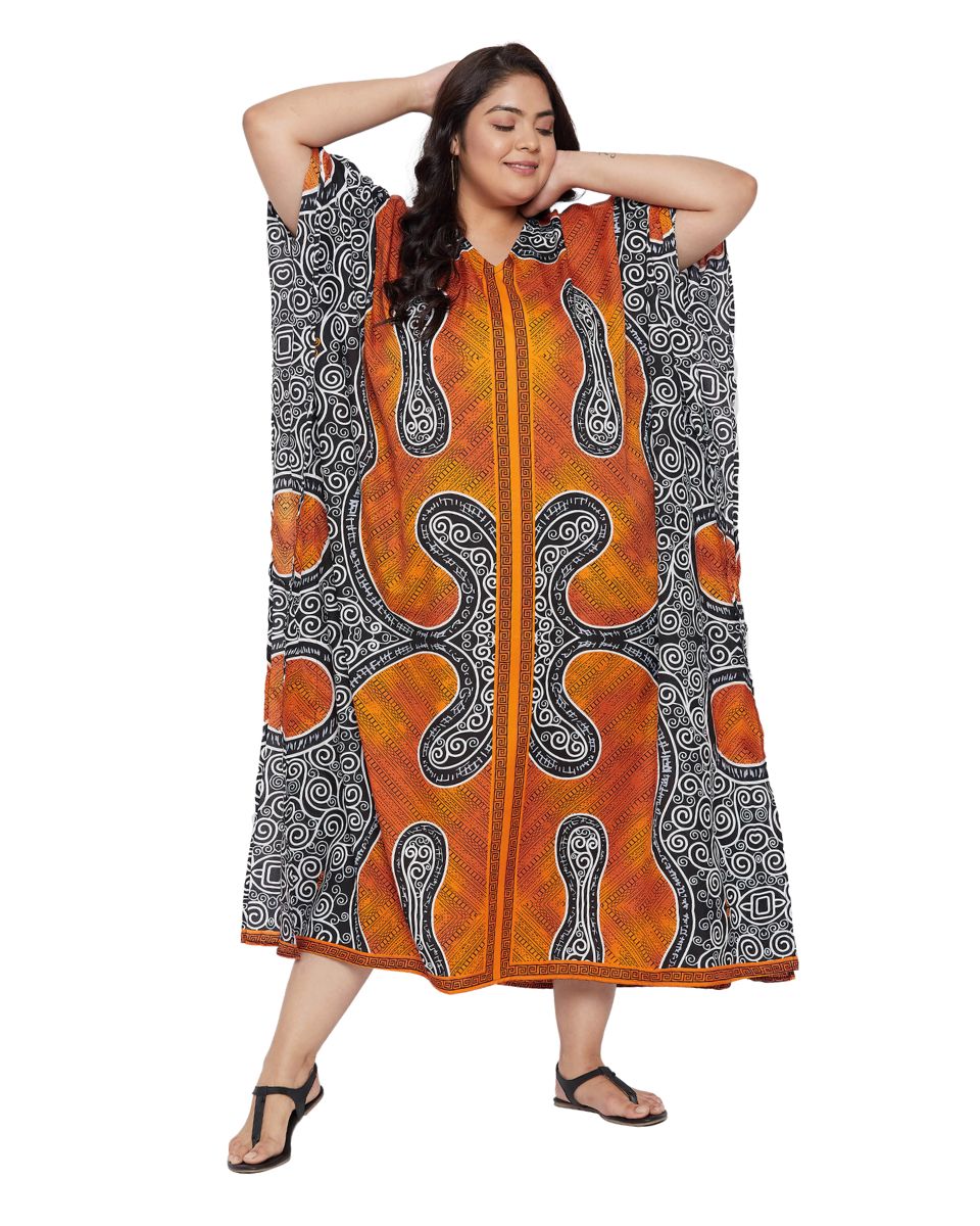 Abstract Printed Orange Polyester Plus Size Kaftan Dress for Women