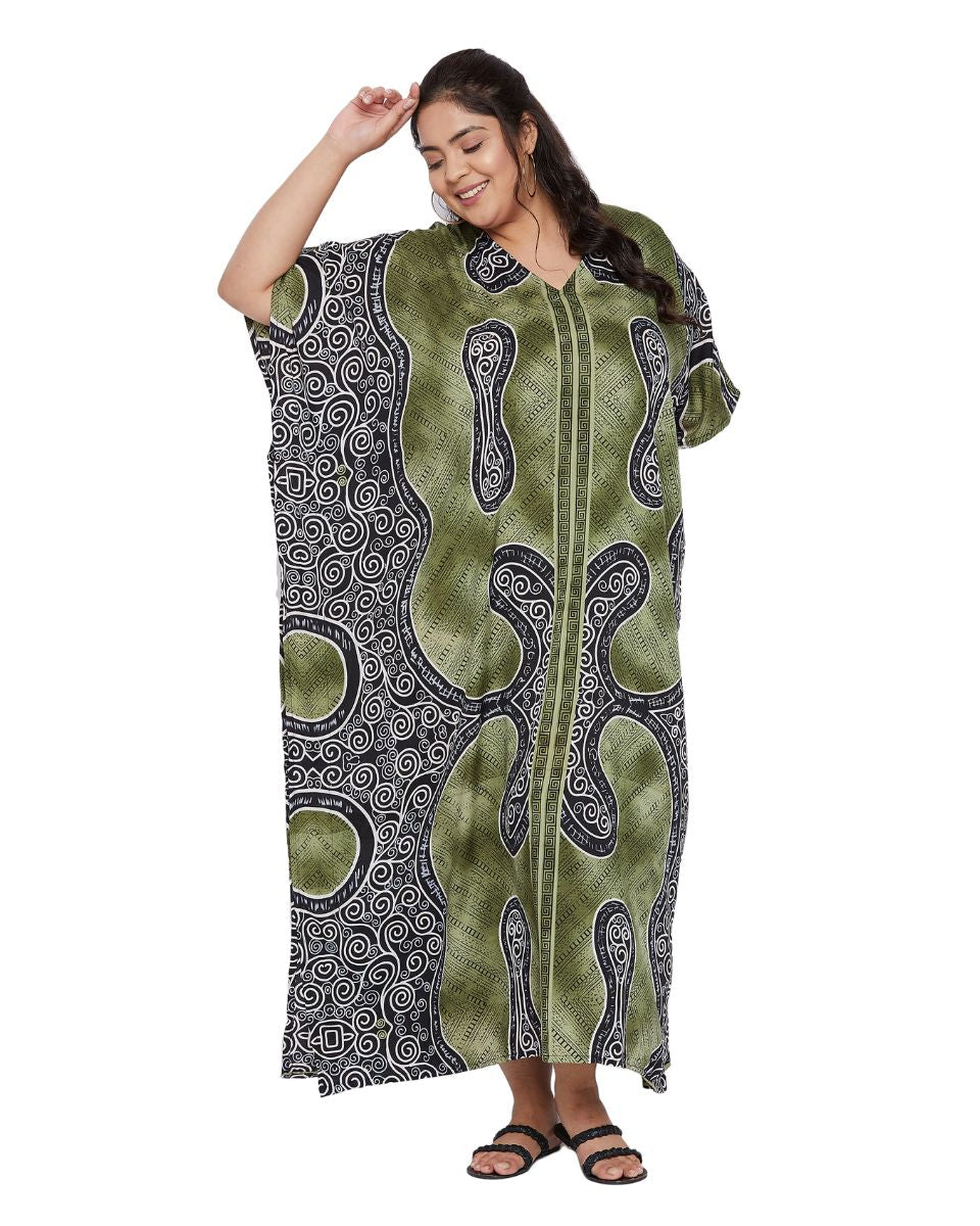 Abstract Printed Moss Green Polyester Kaftan Plus Size Dress For Women