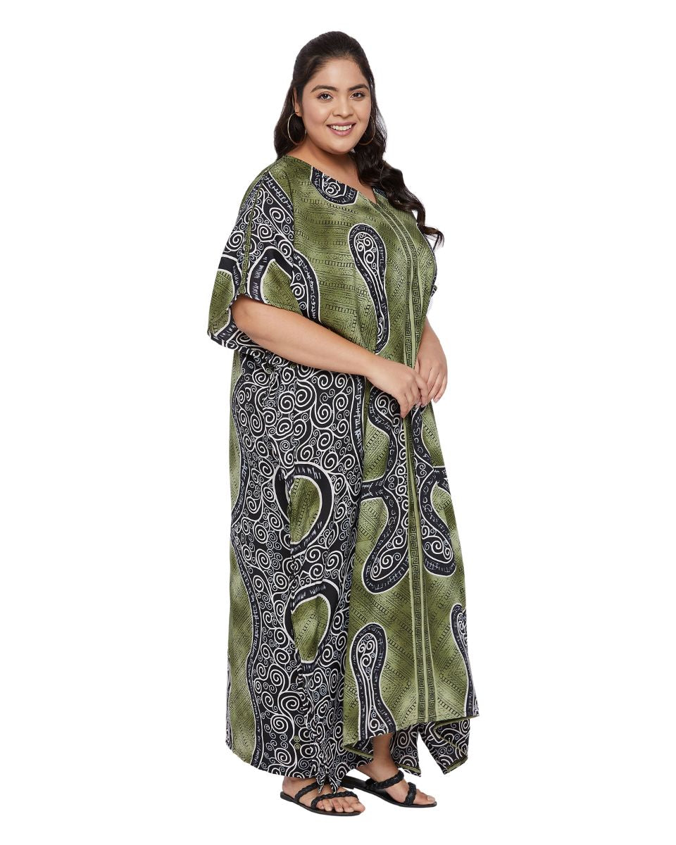 Abstract Printed Green Polyester Kaftan Dress for Women
