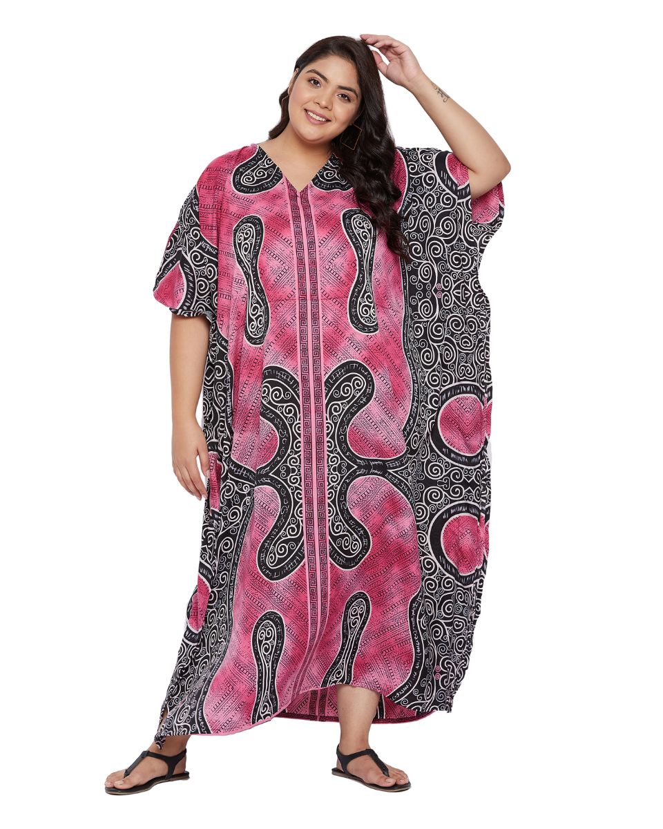 Tribal Printed Pink Polyester Kaftan Dress for Women