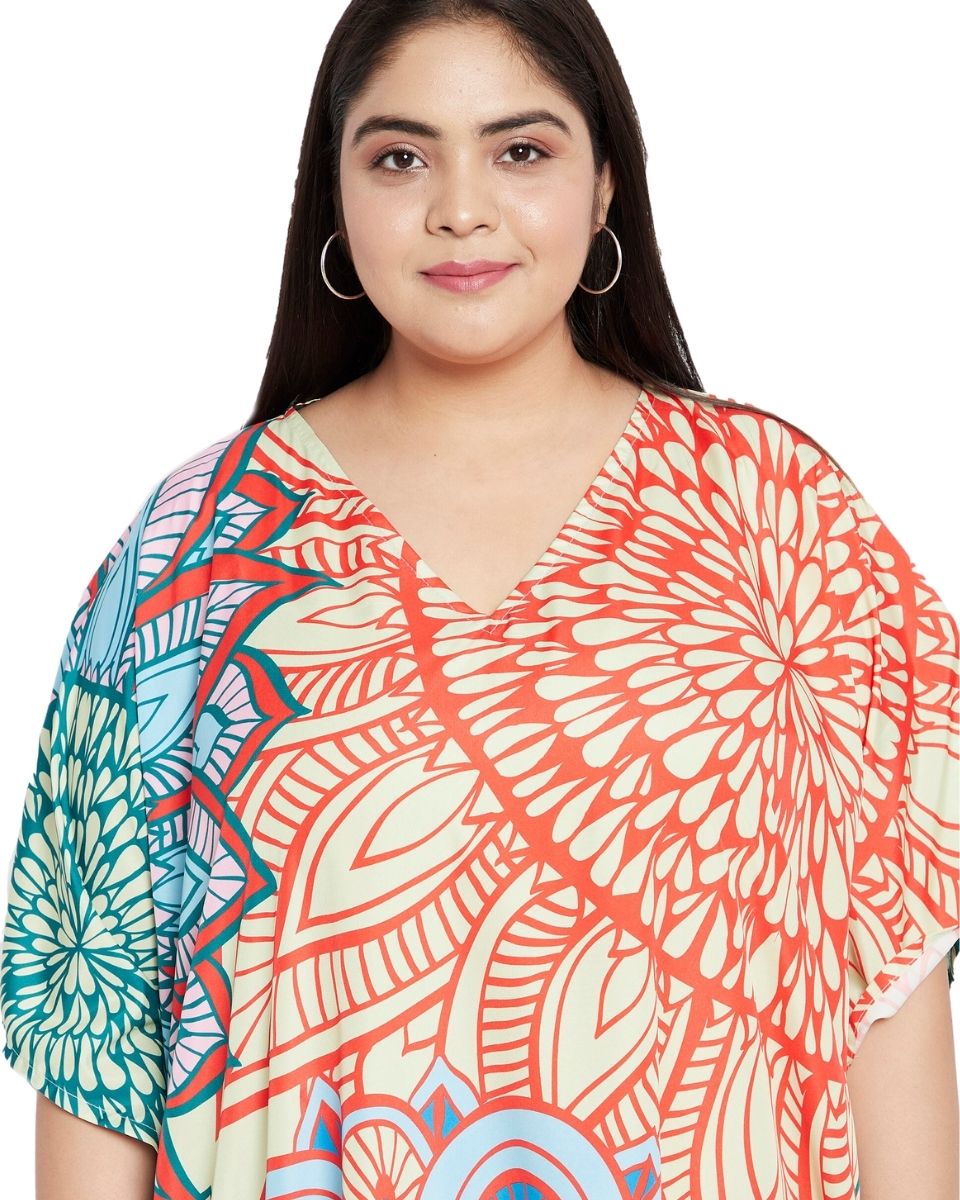 Floral Printed Multicolor Polyester Kaftan Plus Size Dress For Women