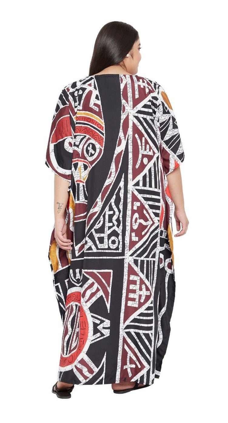 Black and multicolor Aztec tribal geometric print polyester plus size kaftan with V-neck — alternate view