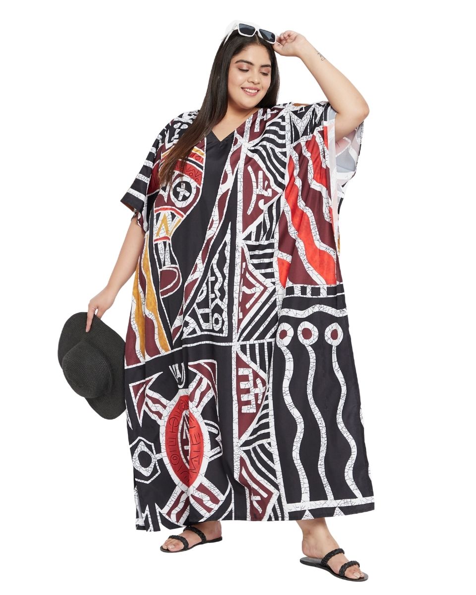 Geometric Printed Black Polyester Kaftan Dress for Women