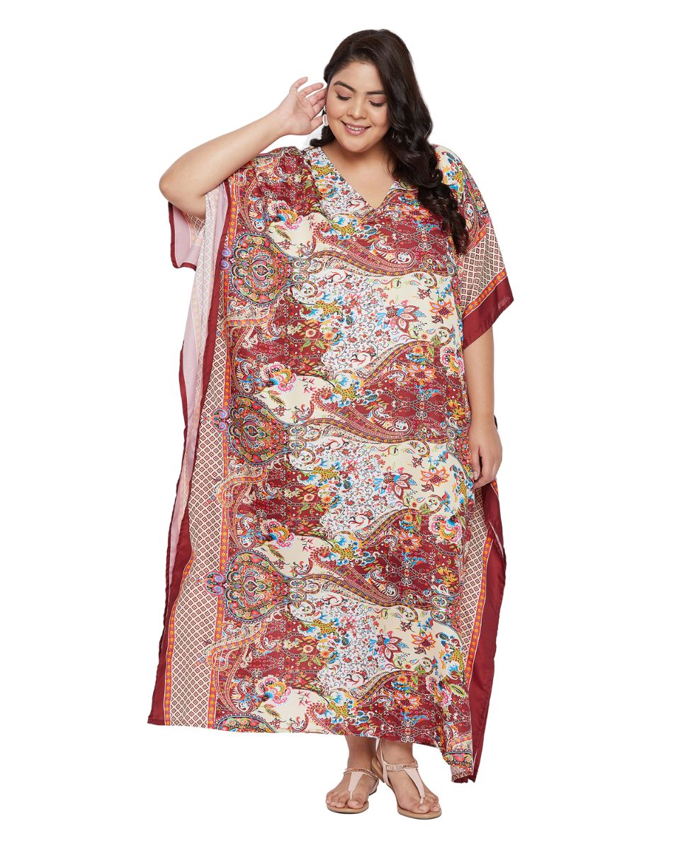 Floral Printed Red Polyester Plus Size Kaftan Dress For Women