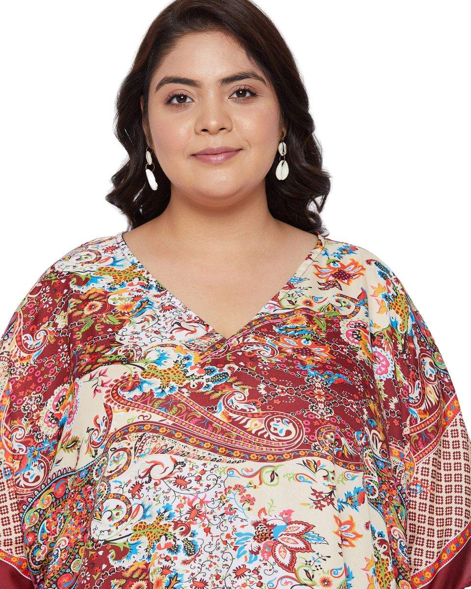 Floral Printed Red Polyester Kaftan Dress for Women