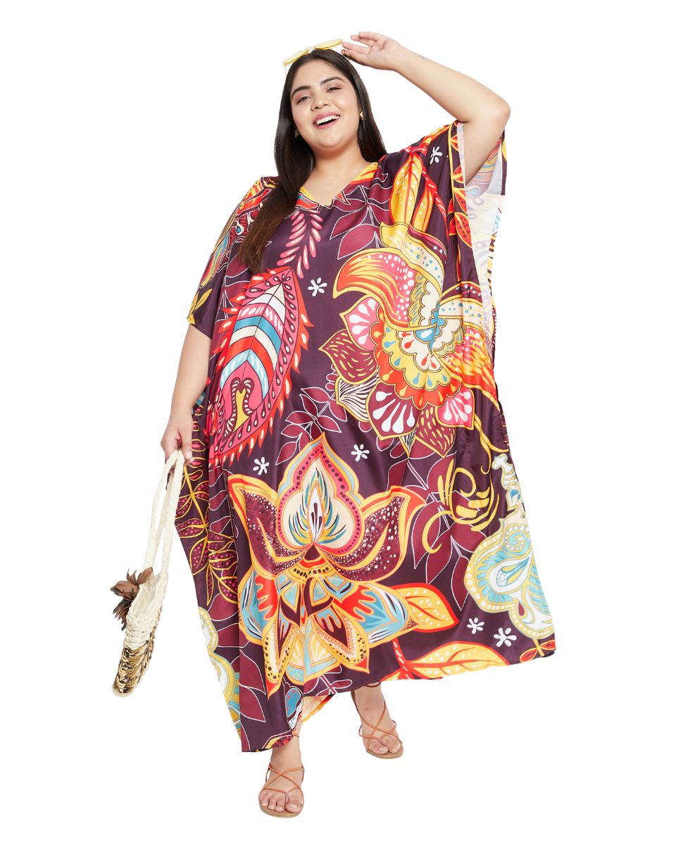 Floral Printed Multicolor Polyester Kaftan Plus Size Dress For Women