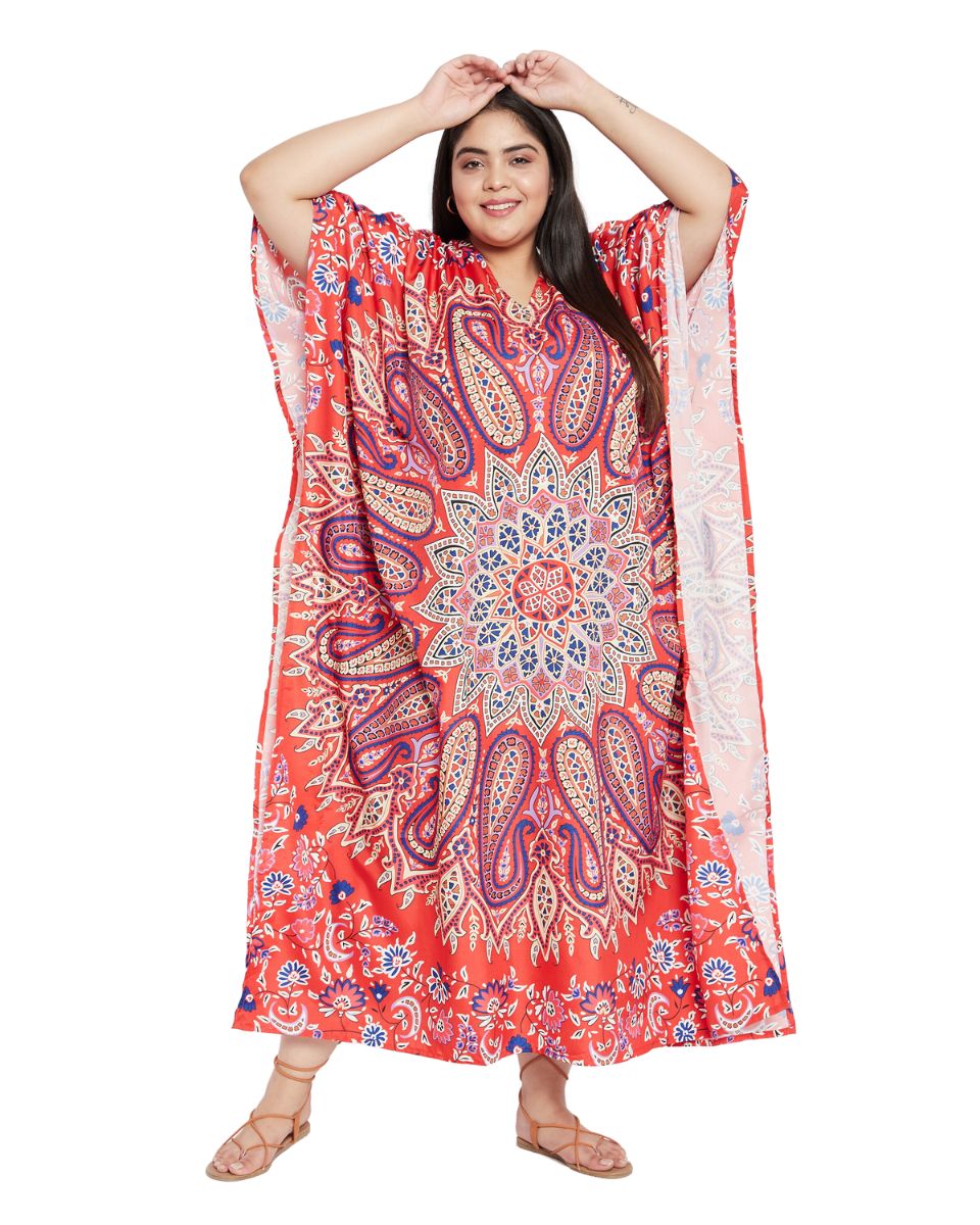 Floral Printed Orange Polyester Plus Size Kaftan Dress For Women