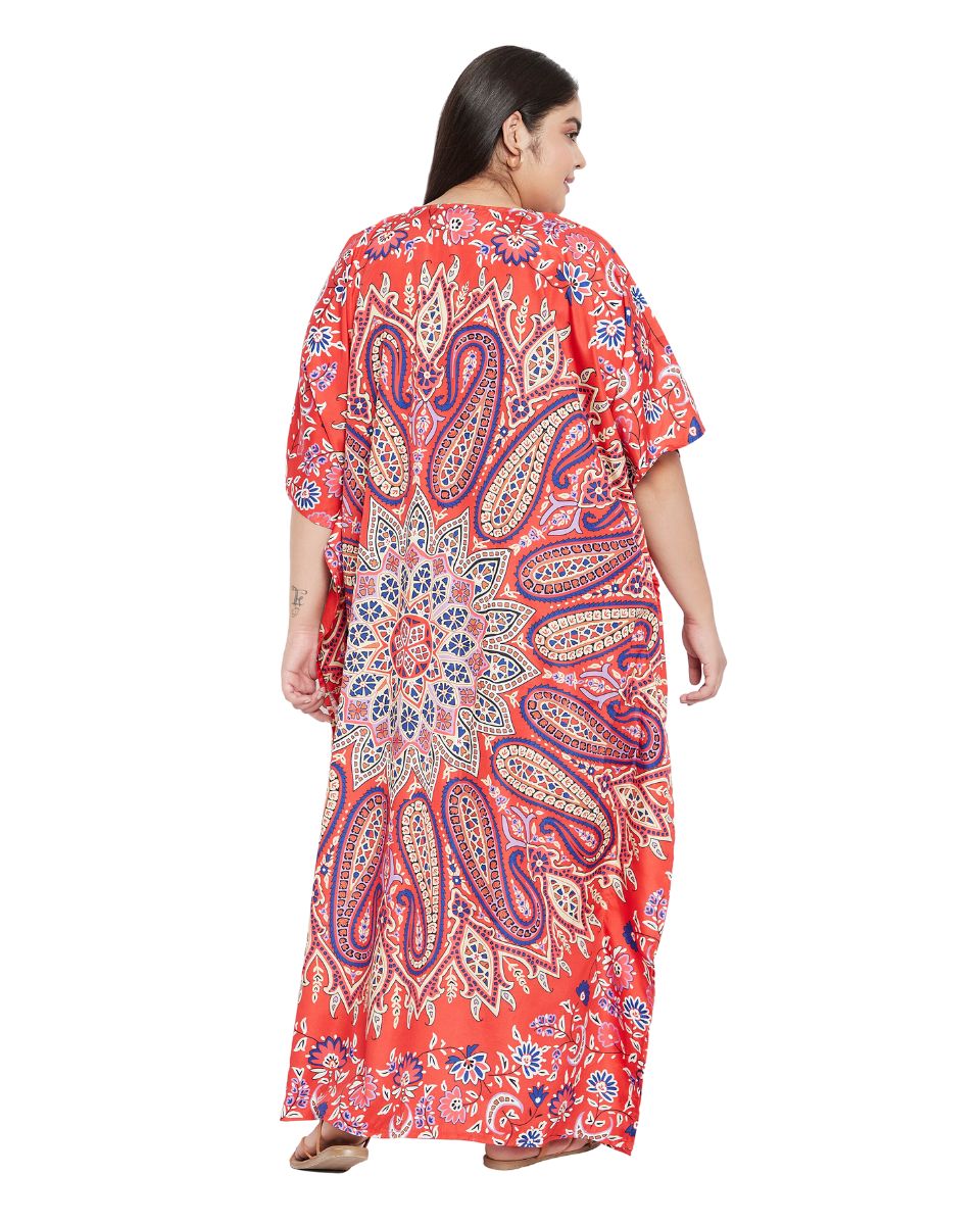 Floral Printed Orange Polyester Plus Size Kaftan Dress For Women