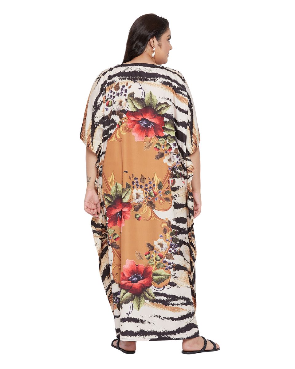 Floral Printed Brown Polyester For Plus Kaftan Dress For Women