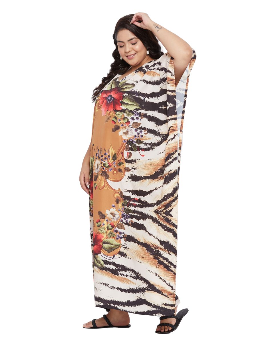 Floral Printed Brown Polyester For Plus Kaftan Dress For Women