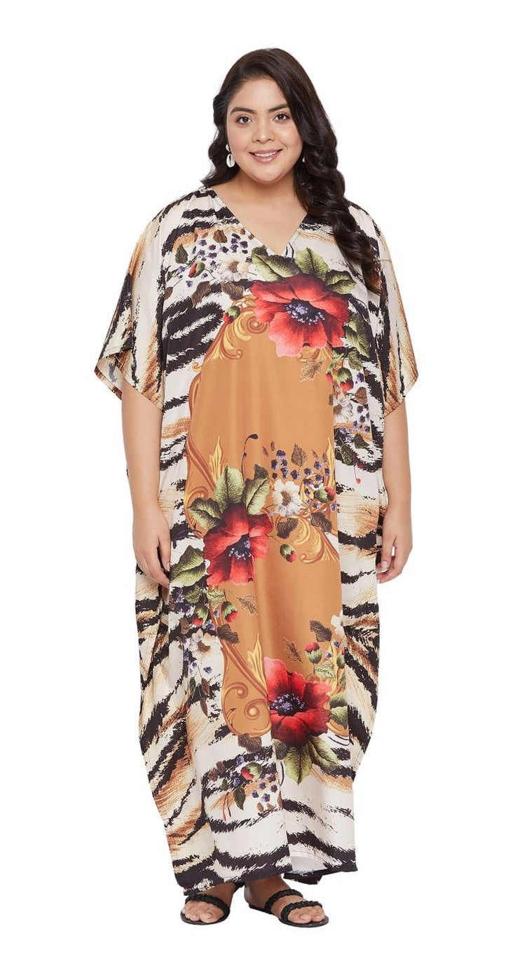 Tan and peach plus size kaftan with abstract floral print and V-neck