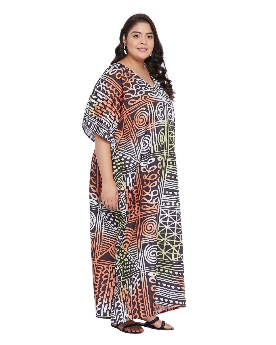 Geometric Printed  Plus Size Black Polyester Kaftan Dress For Women