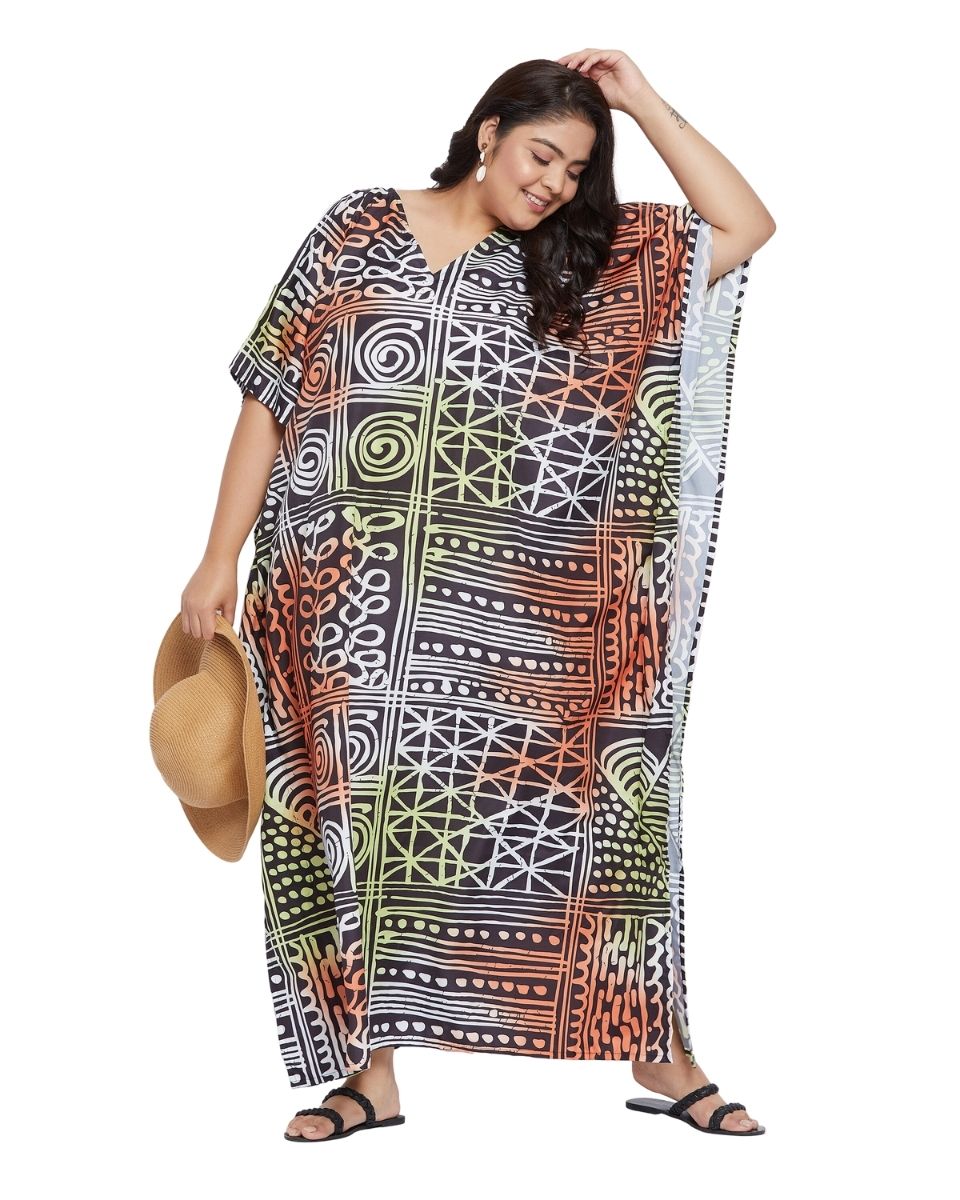 Geometric Printed  Plus Size Black Polyester Kaftan Dress For Women