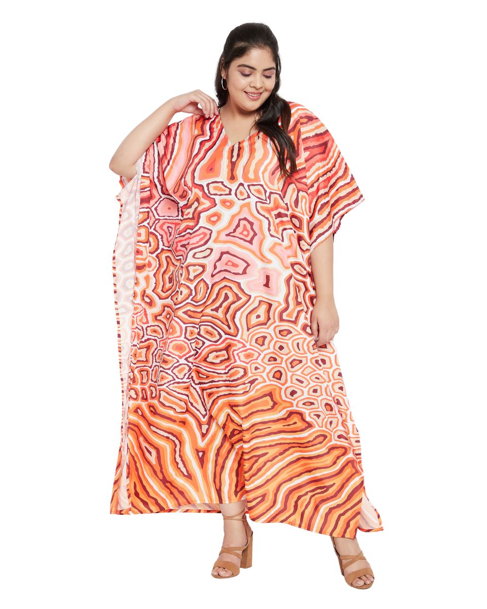 Animal Printed Orange Polyester Kaftan Dress for Women