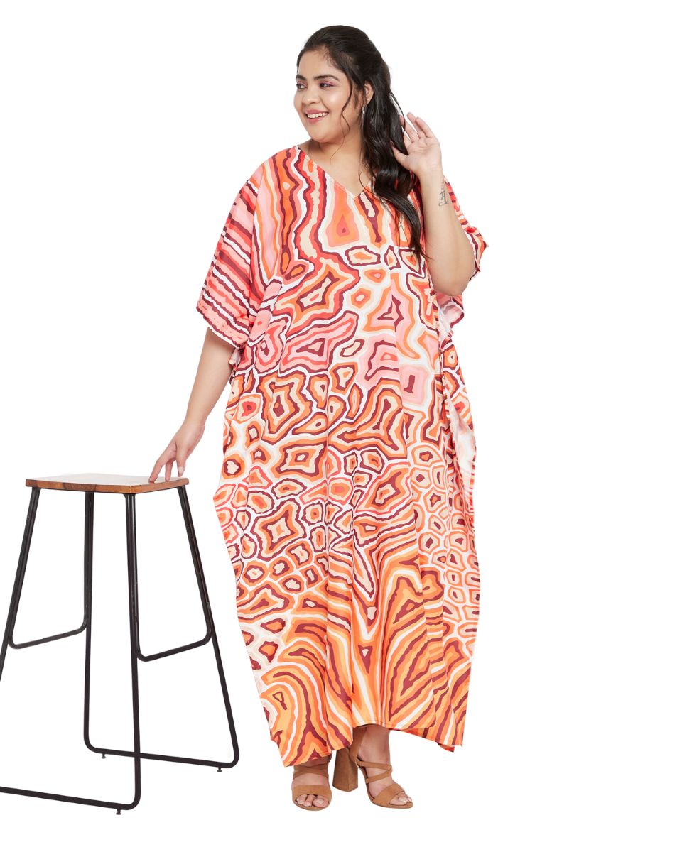 Animal Printeded Orange Polyester Kaftan Dress for Women
